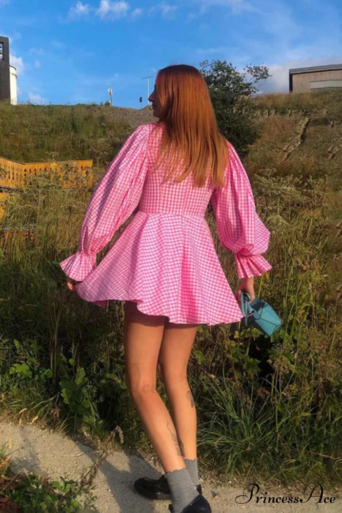 Pink Plaid A-Line Babydoll Dress with Lapel - Image 4