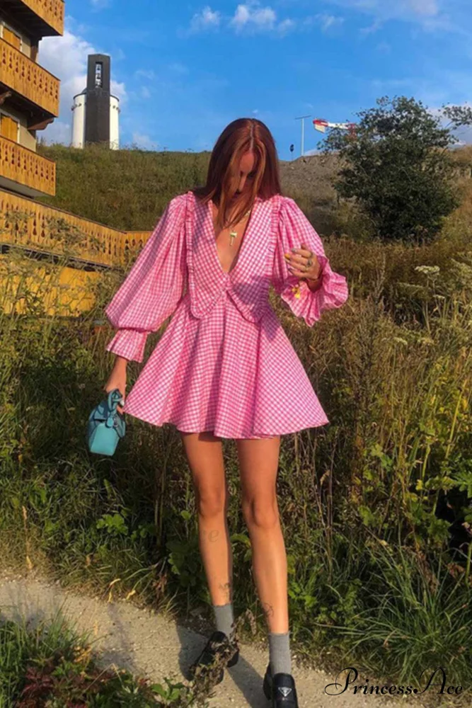 Pink Plaid A-Line Babydoll Dress with Lapel - Image 5