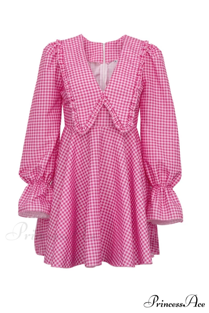Pink Plaid A-Line Babydoll Dress with Lapel - Image 6