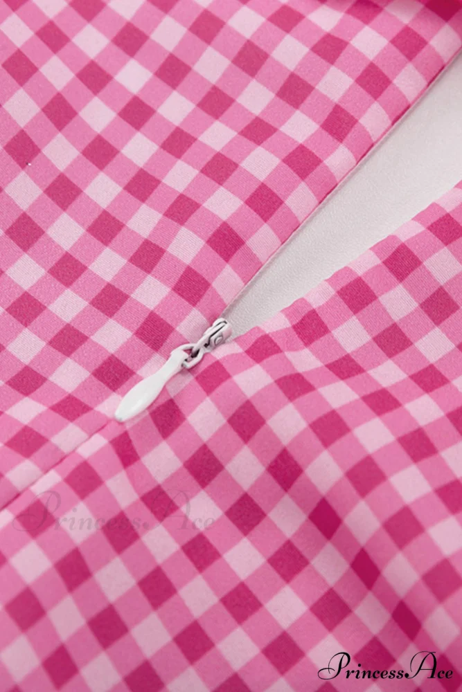 Pink Plaid A-Line Babydoll Dress with Lapel - Image 7