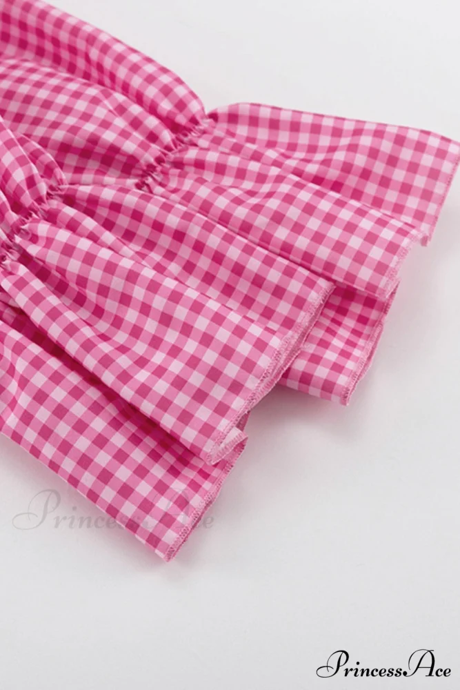 Pink Plaid A-Line Babydoll Dress with Lapel - Image 8