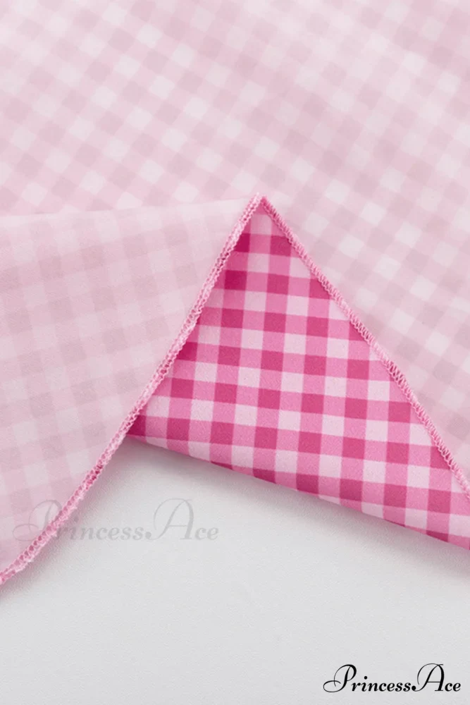 Pink Plaid A-Line Babydoll Dress with Lapel - Image 9