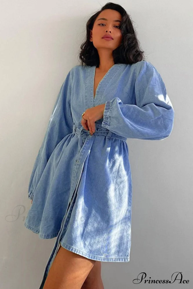 V Neck Button Front Lace Up Denim Dress - Image 4