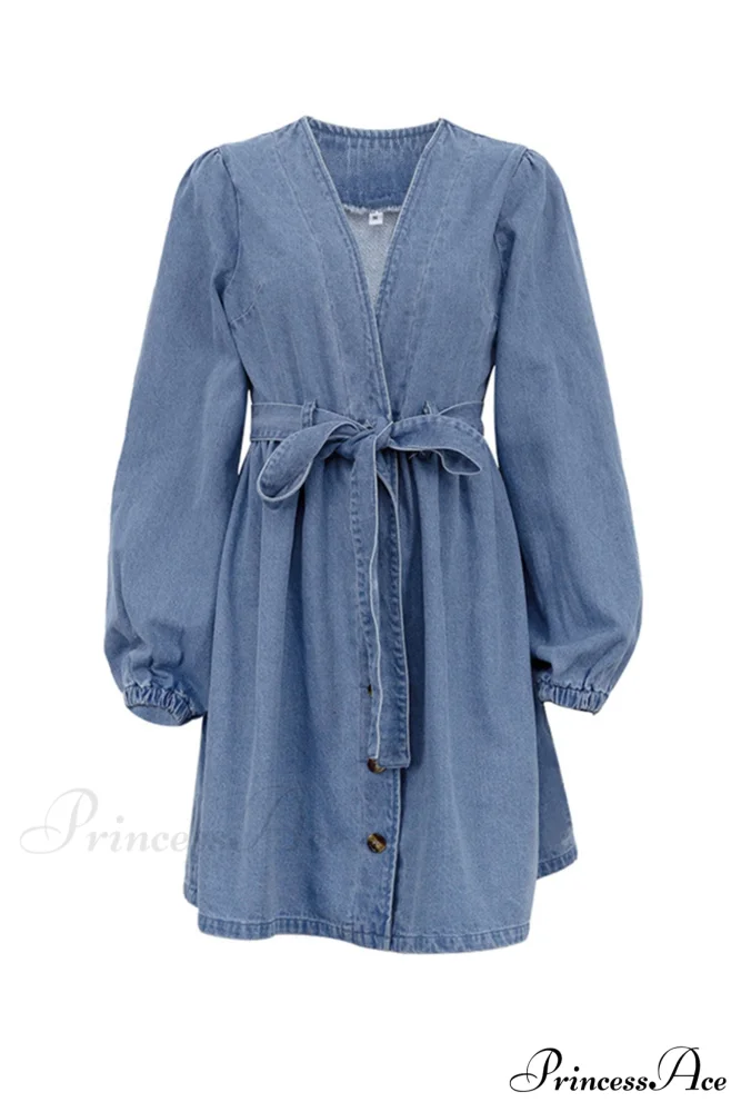 V Neck Button Front Lace Up Denim Dress - Image 5