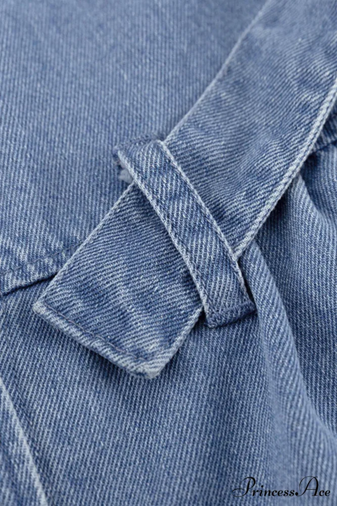 V Neck Button Front Lace Up Denim Dress - Image 7