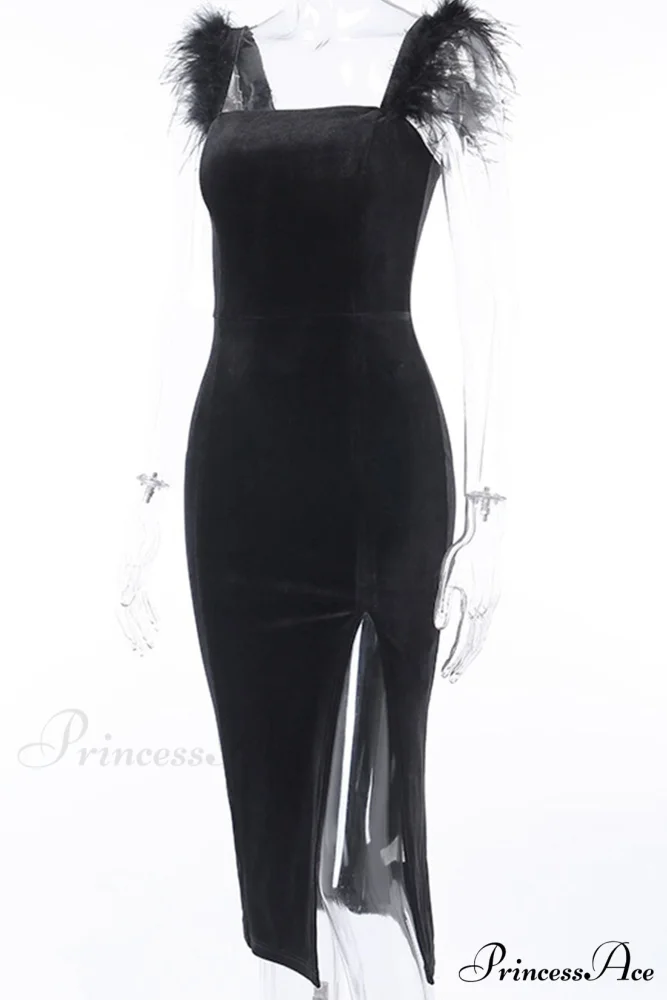 Velvet Split Dress with Fuzzy Shoulders - Image 5