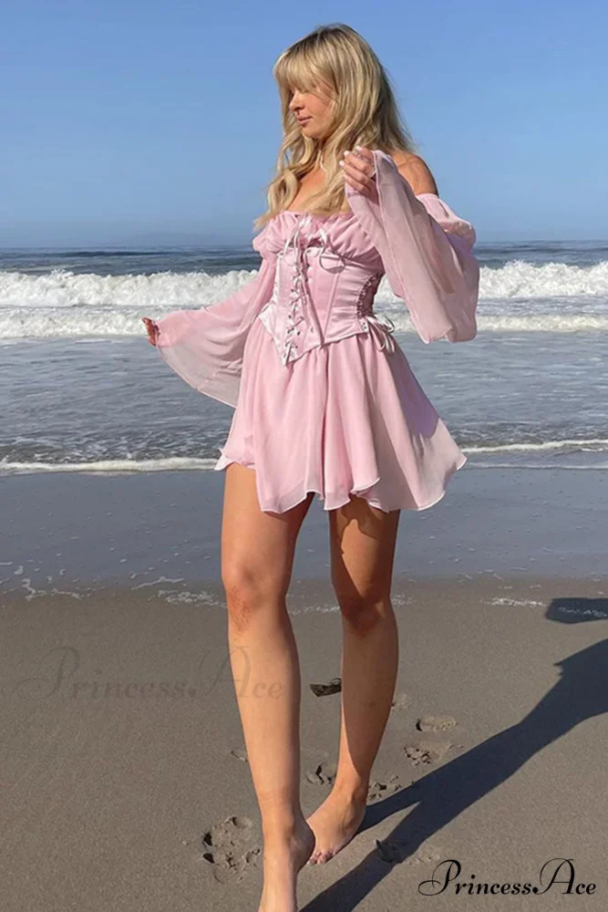 Off Shoulder Lace-up Corset Ruched Dress - Image 6