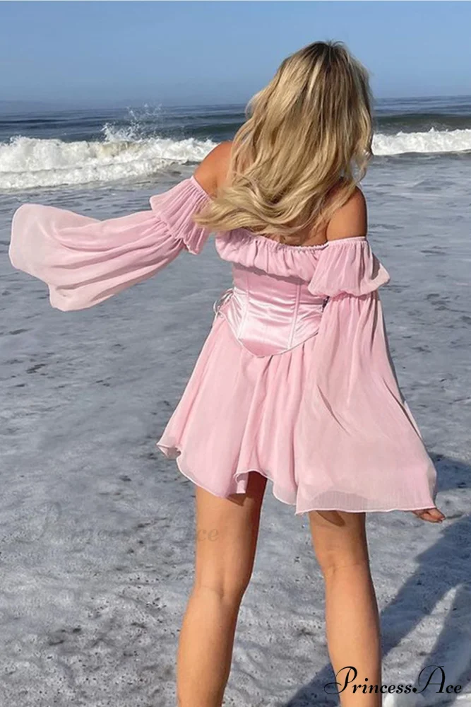 Off Shoulder Lace-up Corset Ruched Dress - Image 7