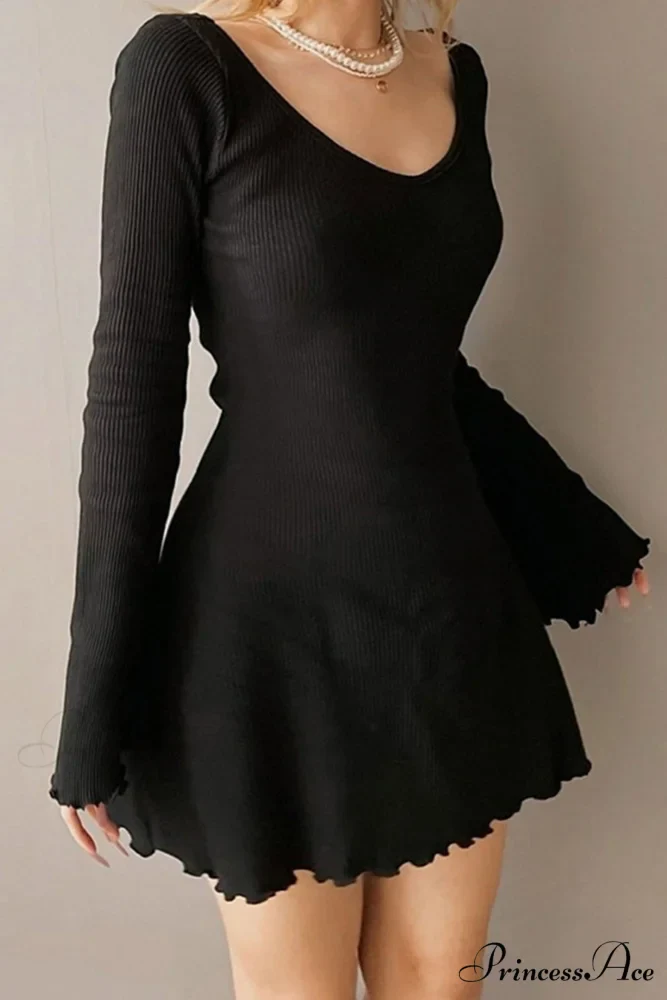 Long Sleeve Lacework Hem Dress with Round Neck - Image 2