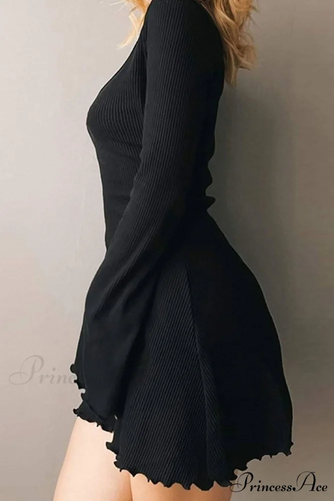 Long Sleeve Lacework Hem Dress with Round Neck - Image 3