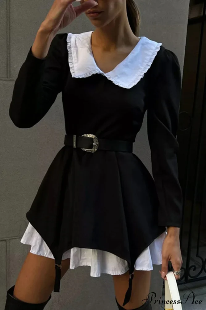 Ruched Fake Two-Pieces Dress with Doll Collar - Image 2