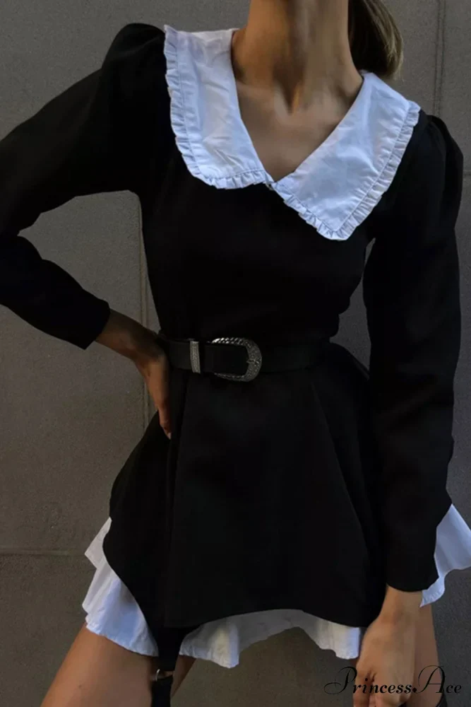 Ruched Fake Two-Pieces Dress with Doll Collar - Image 3