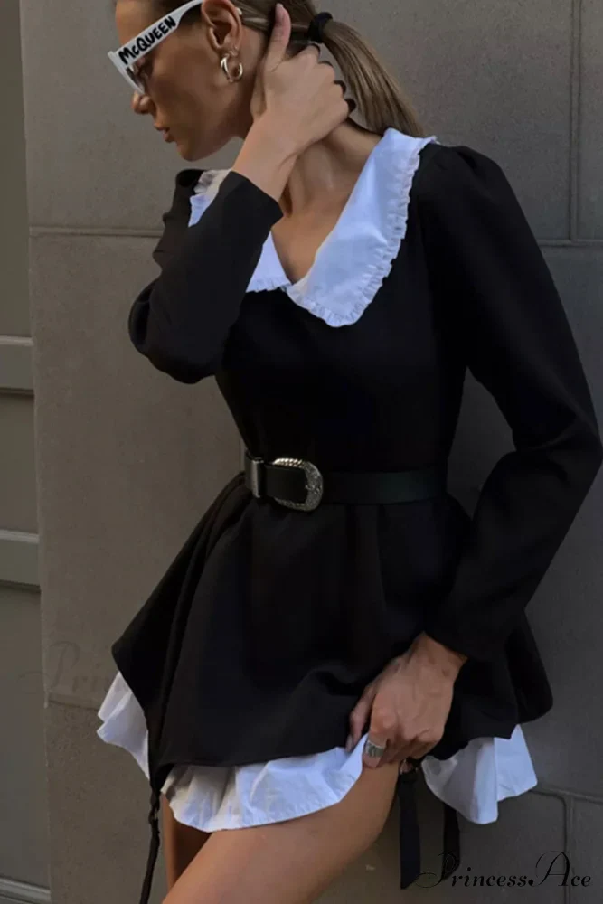 Ruched Fake Two-Pieces Dress with Doll Collar - Image 4