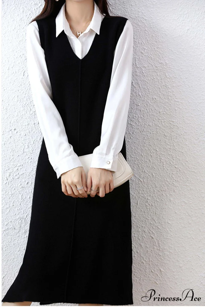 Solid Color Wool Tank Dress with V Neck - Image 3