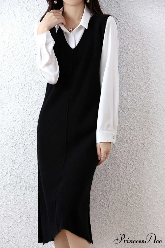 Solid Color Wool Tank Dress with V Neck - Image 4