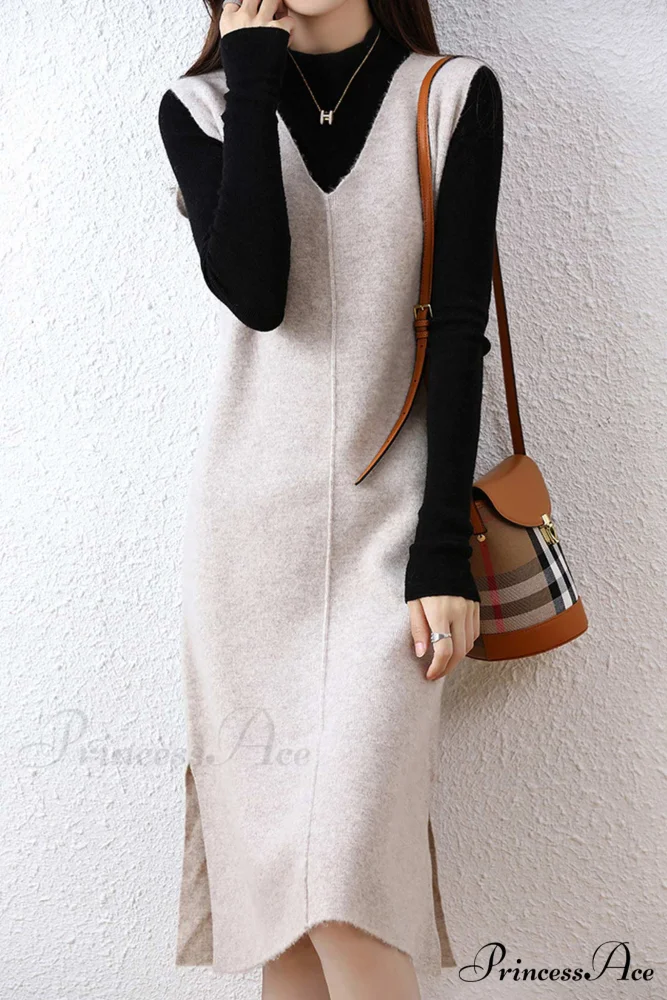 Solid Color Wool Tank Dress with V Neck - Image 6
