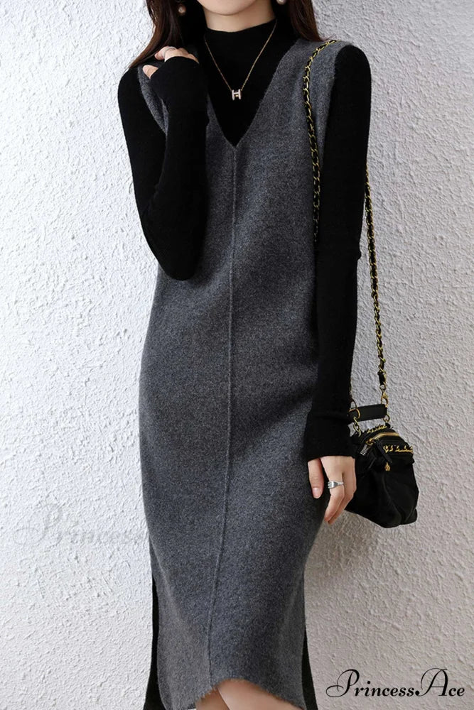 Solid Color Wool Tank Dress with V Neck - Image 8