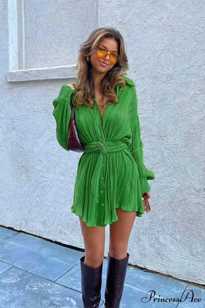 Strappy Waisted Pleated Shirts Dress - Image 3