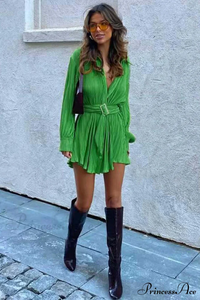 Strappy Waisted Pleated Shirts Dress - Image 4