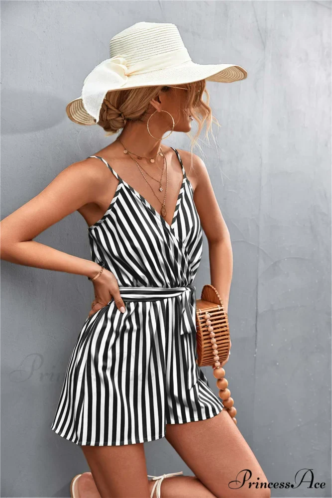 Striped V Neck Cami Rompers - Image 3