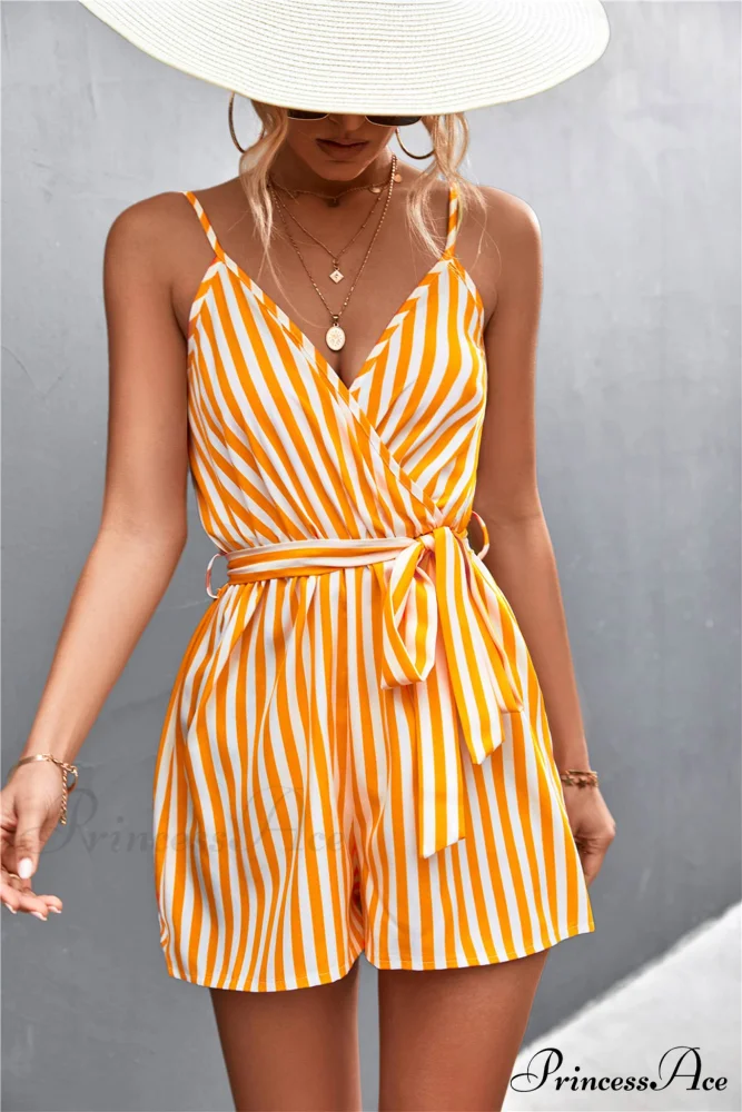 Striped V Neck Cami Rompers - Image 5