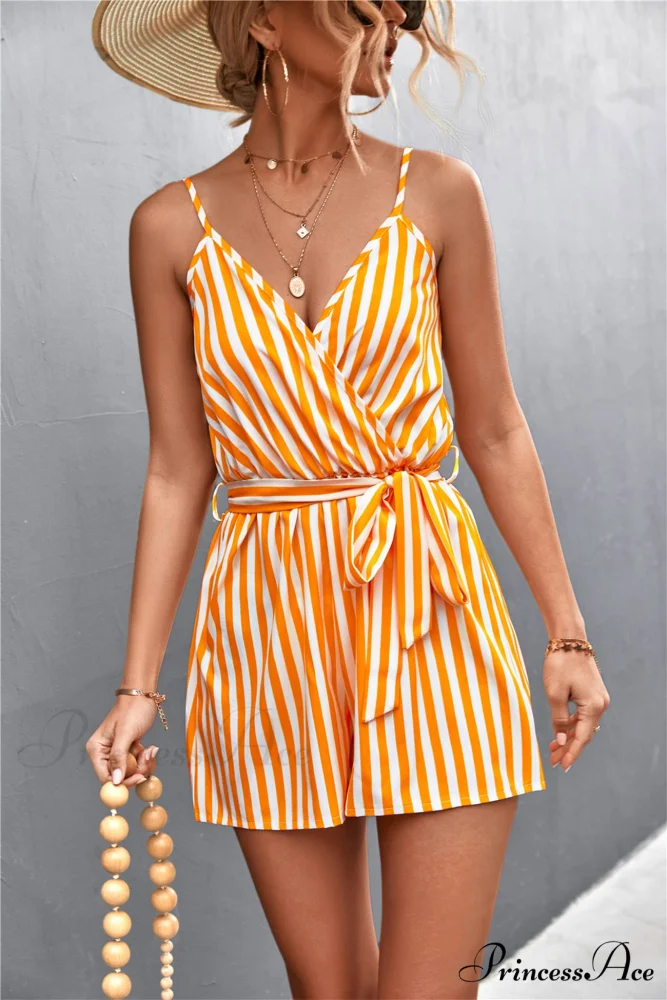 Striped V Neck Cami Rompers - Image 6