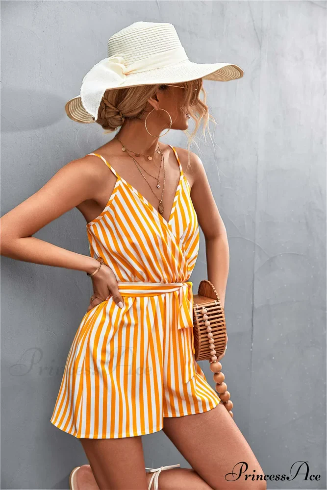 Striped V Neck Cami Rompers - Image 7