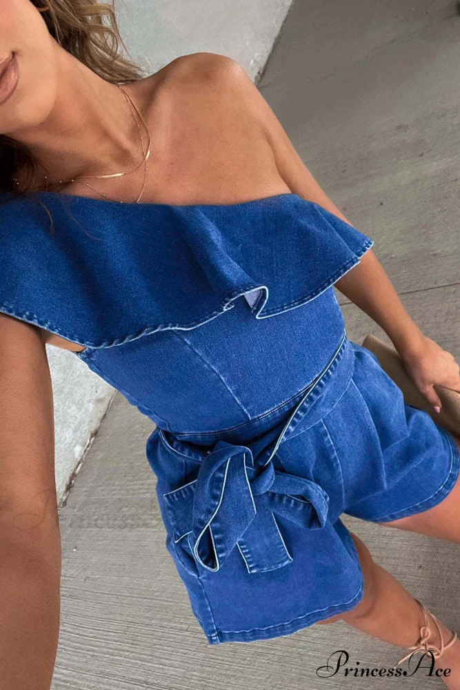Ruffled Tie-waist Denim Rompers with Slop Shoulder - Image 4