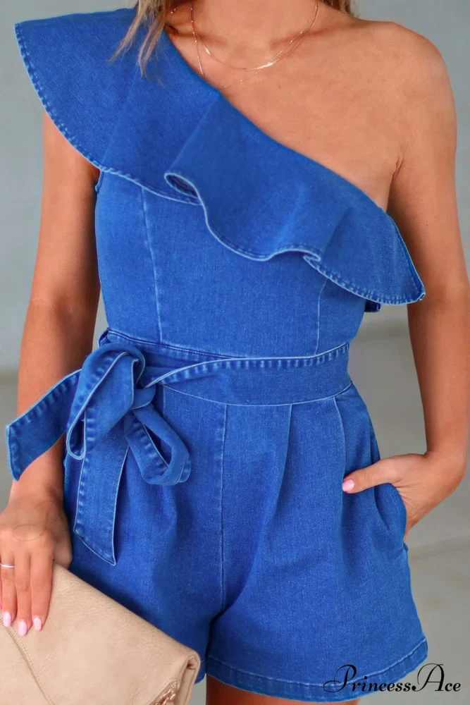 Ruffled Tie-waist Denim Rompers with Slop Shoulder - Image 5