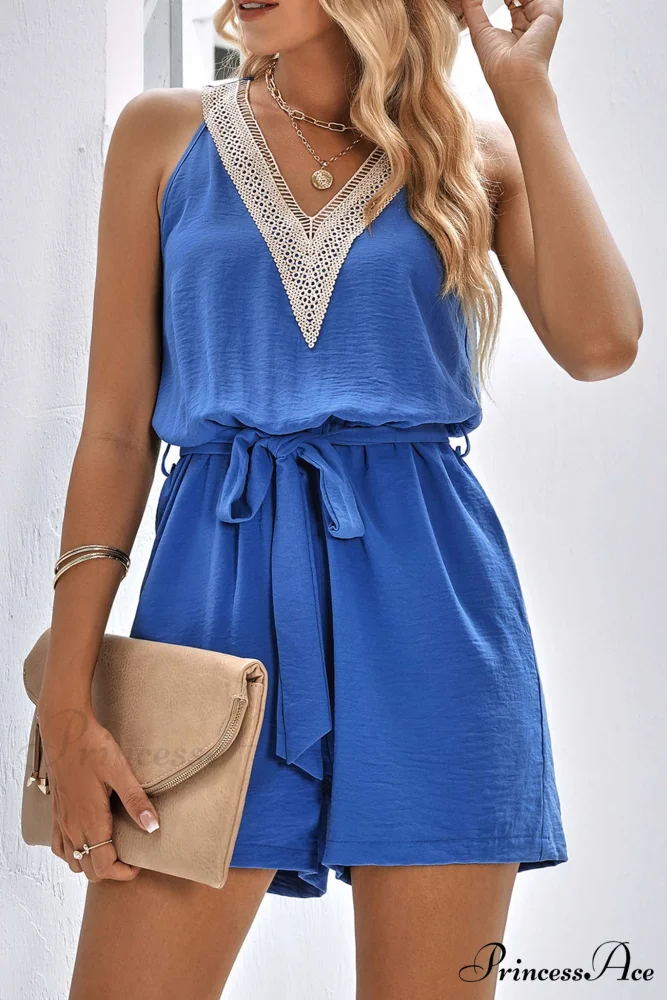 V Neck Tie-waist Rompers with Lacework - Image 5