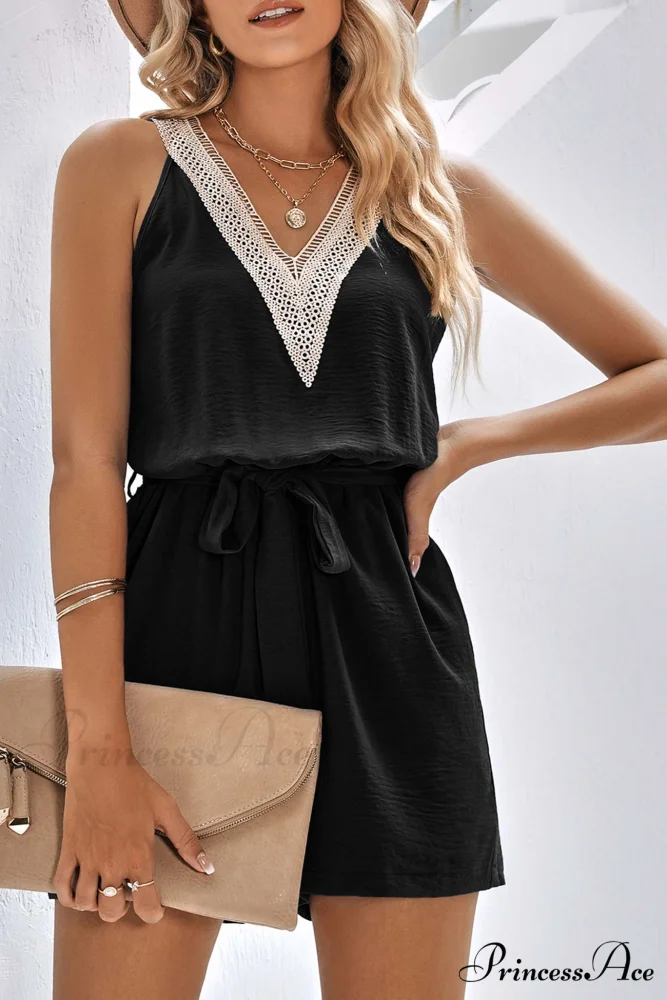 V Neck Tie-waist Rompers with Lacework - Image 7