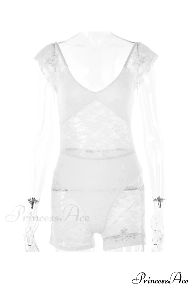 V Neck Lace Bodycon Rompers with Short Sleeves - Image 4