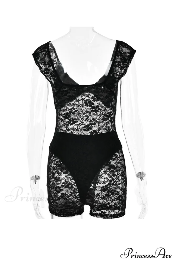 V Neck Lace Bodycon Rompers with Short Sleeves - Image 8