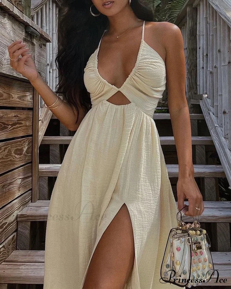 Solid Strap Slim Cut-out Slit Midi Dress for Women - Image 2
