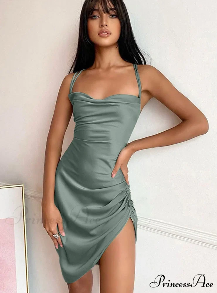 Pink Satin Bodycon Sling Slit Dress for Women - Image 2