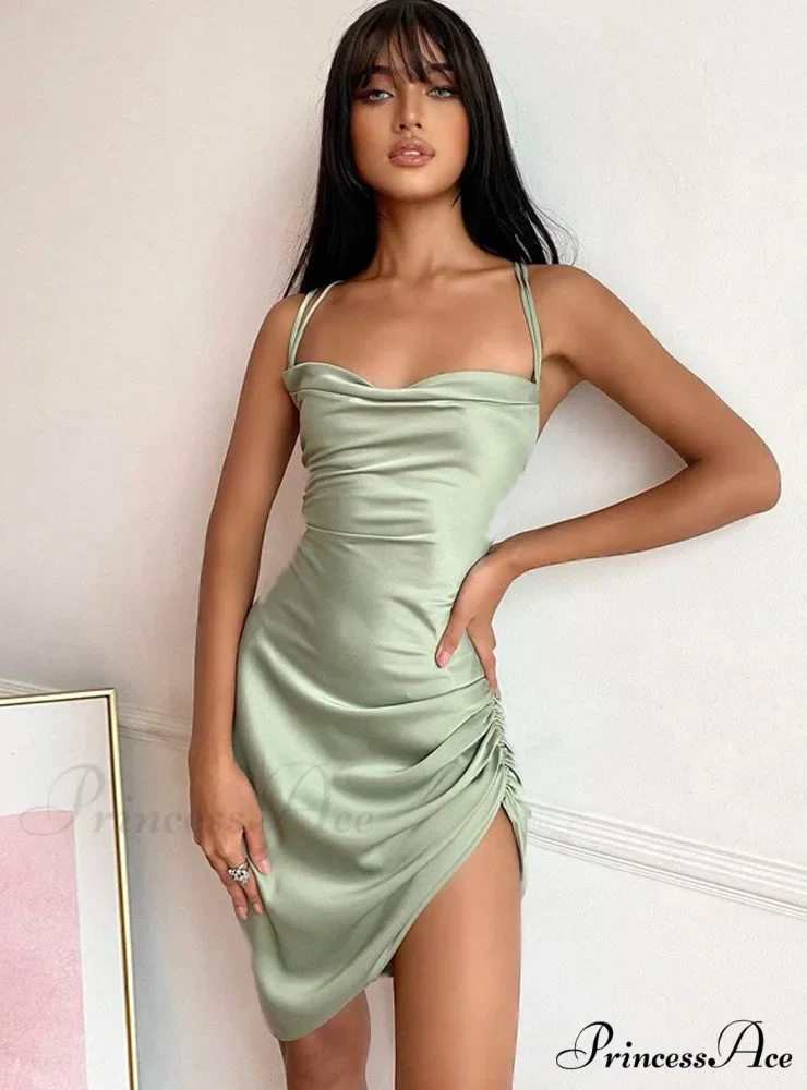 Pink Satin Bodycon Sling Slit Dress for Women - Image 4