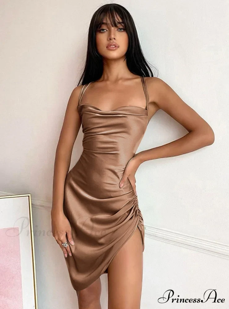 Pink Satin Bodycon Sling Slit Dress for Women - Image 7