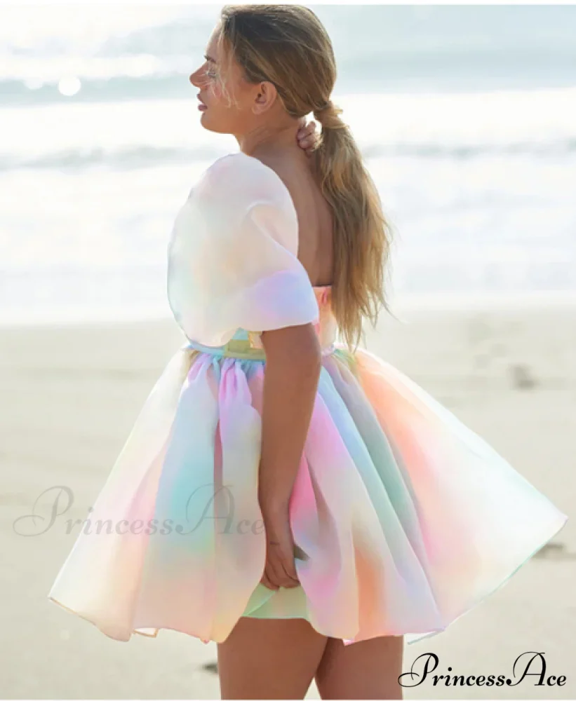 Short Sleeve Summer Fold Square Collar Mini Ball Gown Dress - Image 2