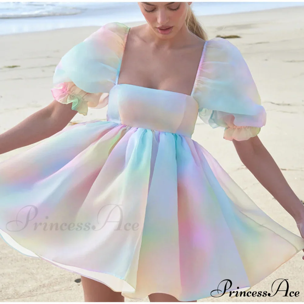 Short Sleeve Summer Fold Square Collar Mini Ball Gown Dress - Image 3