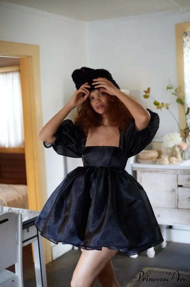 Short Sleeve Summer Fold Square Collar Mini Ball Gown Dress - Image 6