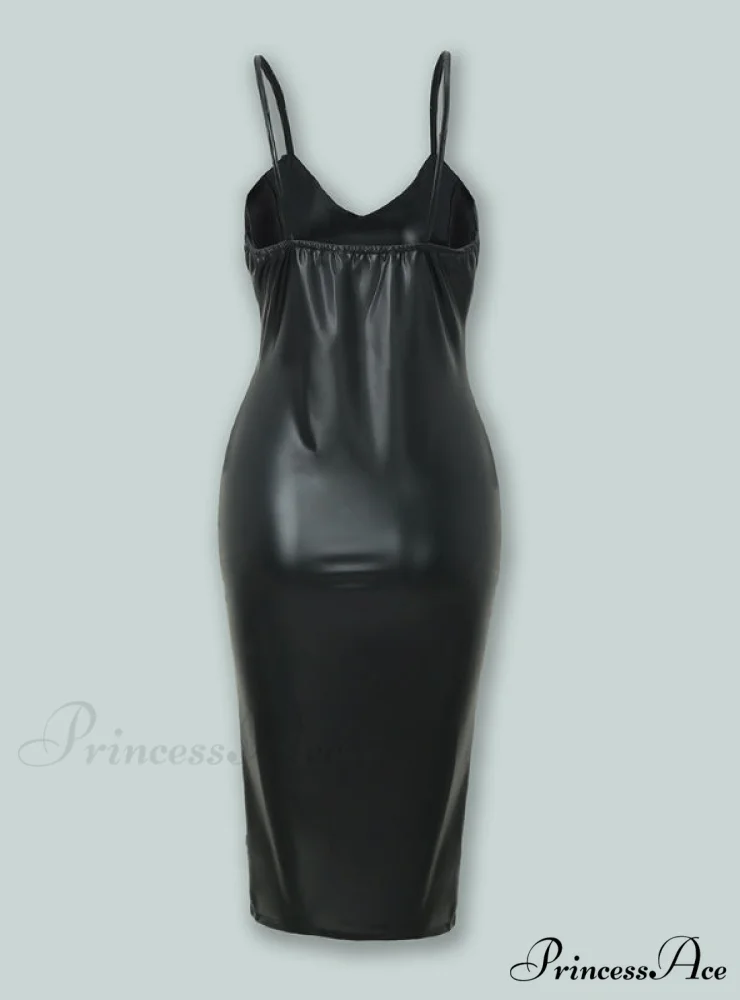 Sexy Deep V-neck PU High Slit Bodycon Slip Dress for Women - Image 5