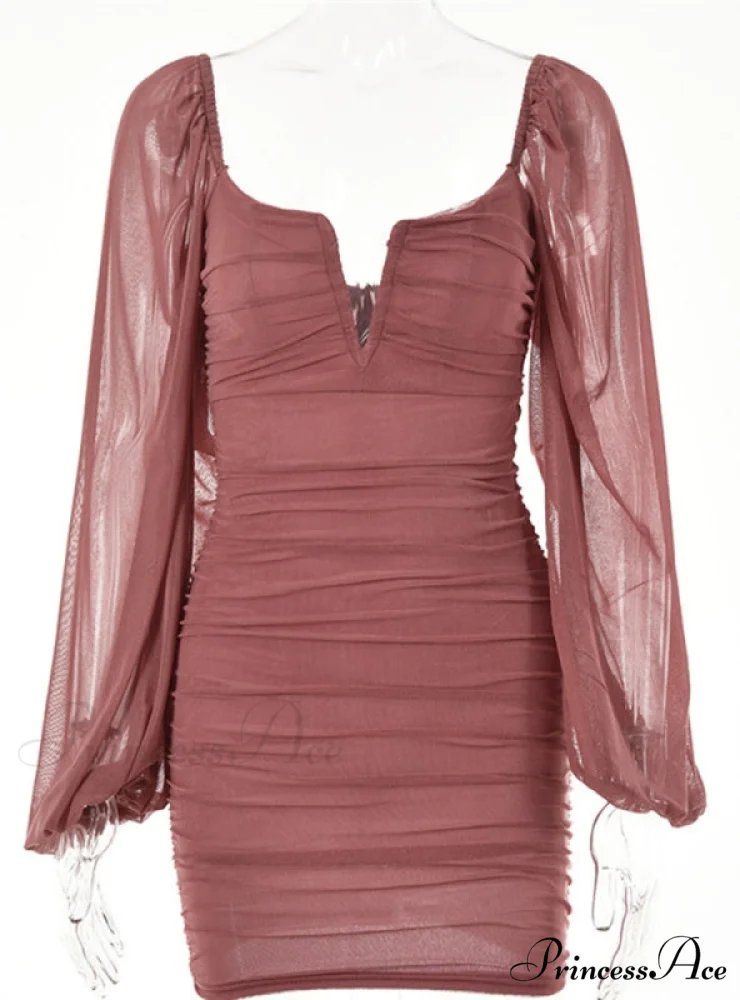 Lantern Sleeve Ruched Bodycon Dress with V-Cut - Image 10