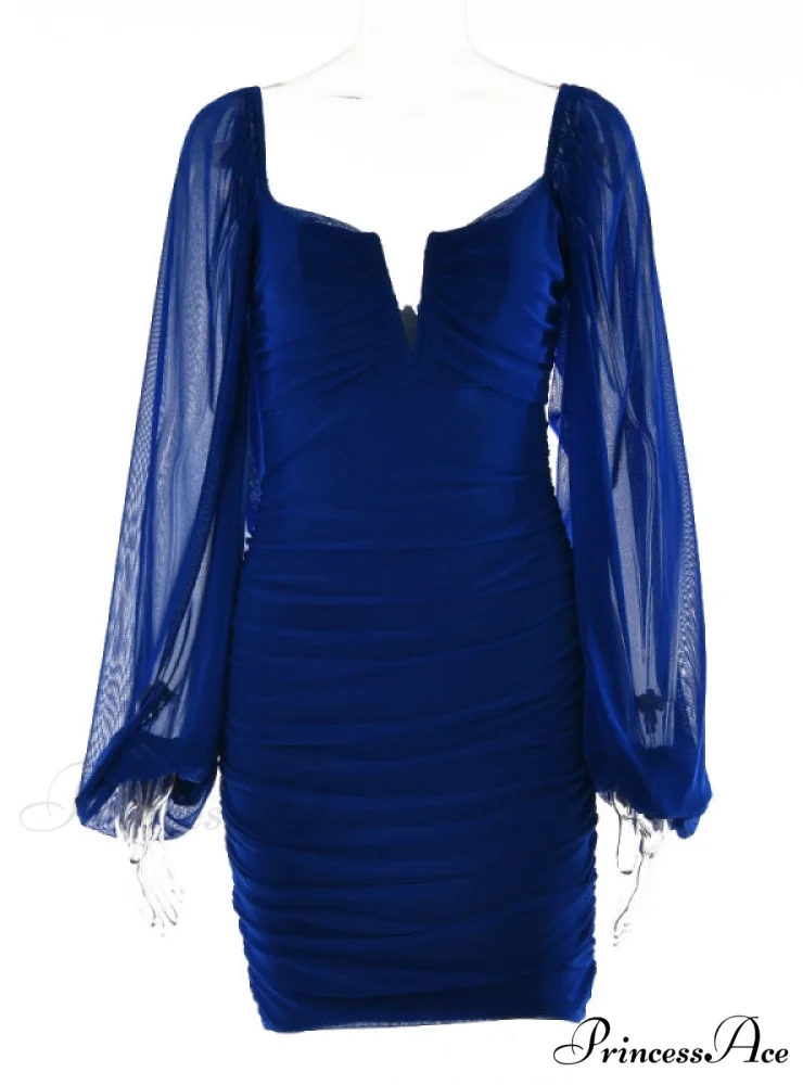 Lantern Sleeve Ruched Bodycon Dress with V-Cut - Image 11