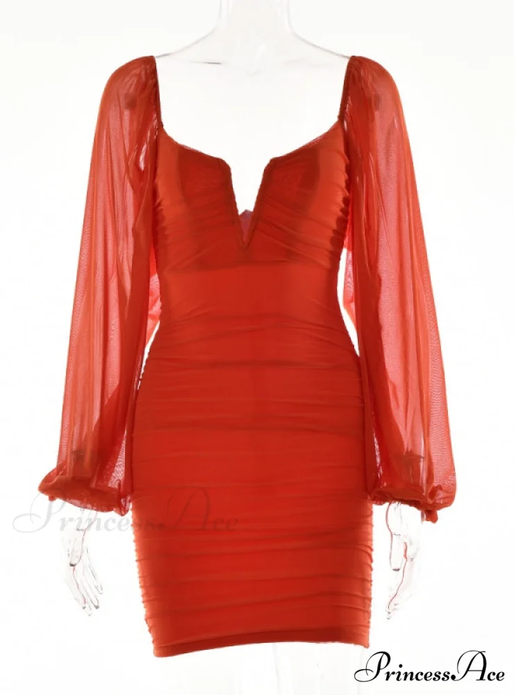 Lantern Sleeve Ruched Bodycon Dress with V-Cut - Image 12