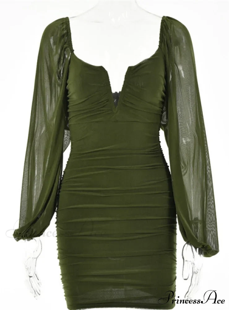 Lantern Sleeve Ruched Bodycon Dress with V-Cut - Image 4
