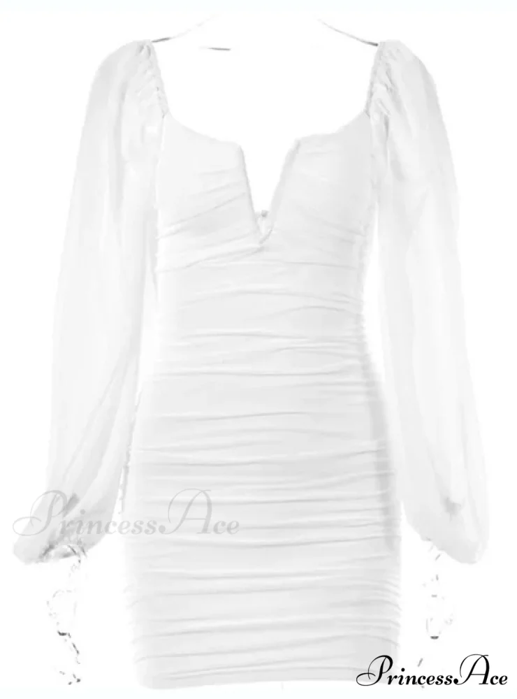 Lantern Sleeve Ruched Bodycon Dress with V-Cut - Image 6