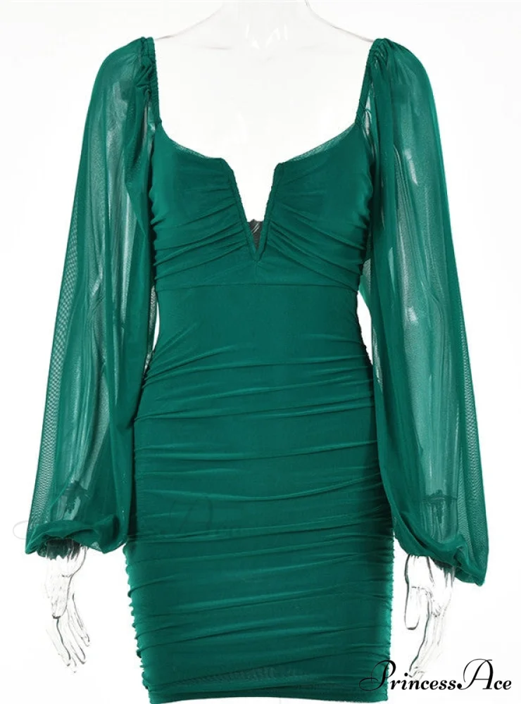 Lantern Sleeve Ruched Bodycon Dress with V-Cut - Image 7