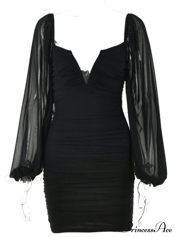Lantern Sleeve Ruched Bodycon Dress with V-Cut - Image 8