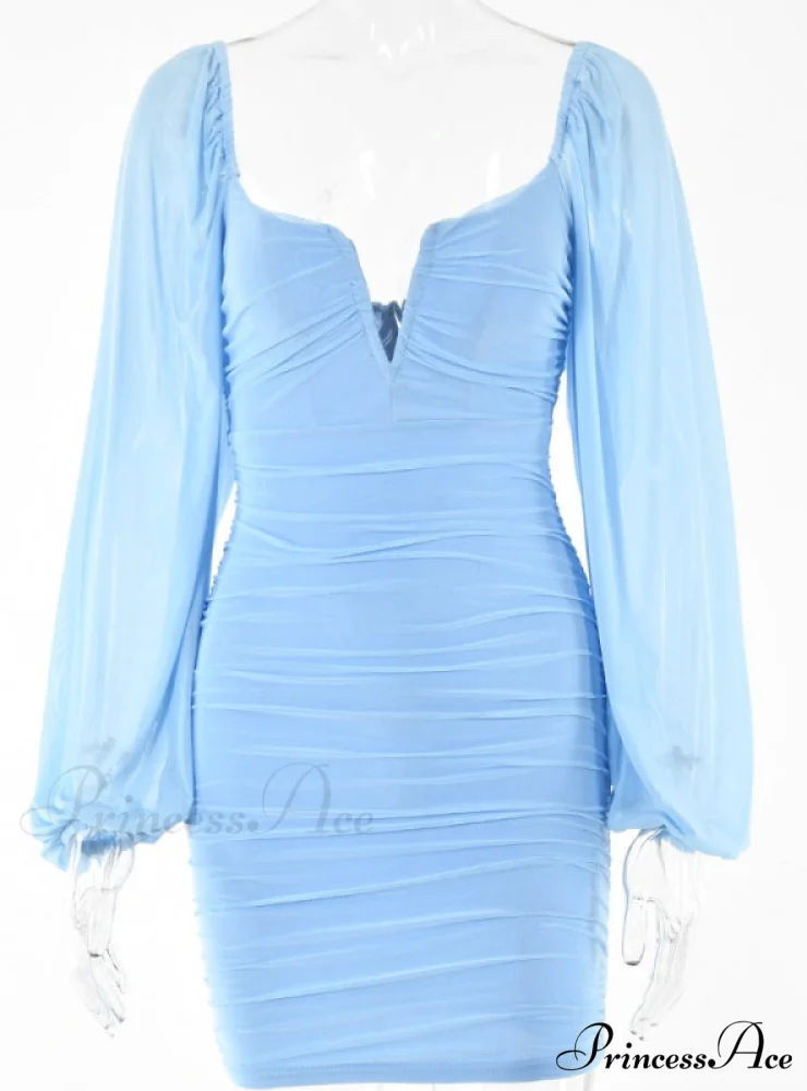 Lantern Sleeve Ruched Bodycon Dress with V-Cut - Image 9