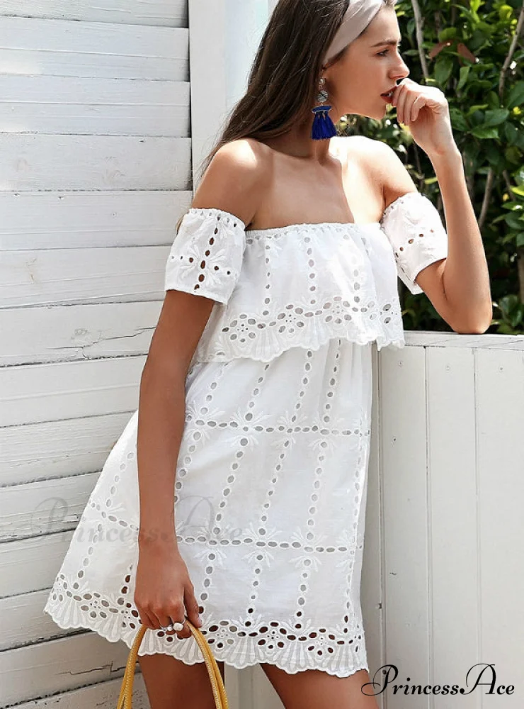 White Lace Off Shoulder Dress with Hollow Out Detail for Women - Image 2